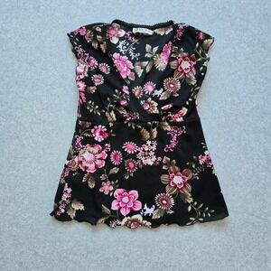 Self Esteem Black Floral Wrap Style V Neck Cap Sleeve Top Women Y2K Cami